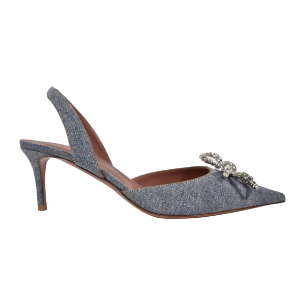 Amina Muaddi Rosie Sling Denim Blue Crystal Bow Slingback Sandal Heel Pump 38.5 - Picture 1 of 11